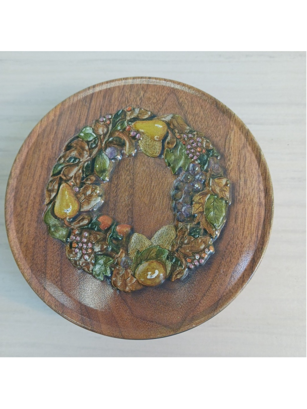VTG Decorative Round Medium Tin Raised Litho of Pears GRAPES Leaves Other Fruit